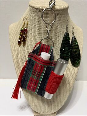 Gift Set Christmas in July Double Lipstick Balm Keychain Holder 2 pr earrings